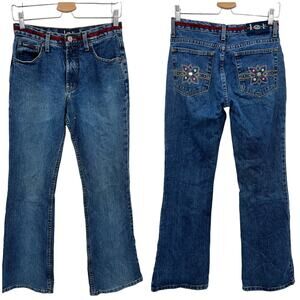 Vintage LEI Y2K Bootcut Jeans Velvet Trim Floral Embroidery Boho Blue Size 5